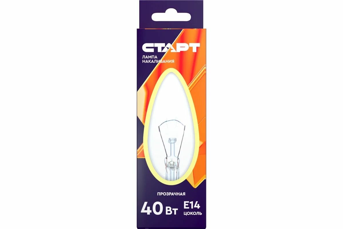 Лампа накаливания старт ДС 40Вт Е14 свеча прозрачная