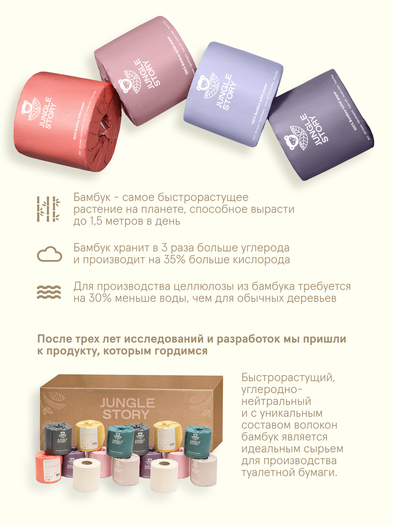 Картинки Бамбуковая небеленая туалетная бумага 3х слойная, 24 рулонов премиум в индивидуальной упаковке