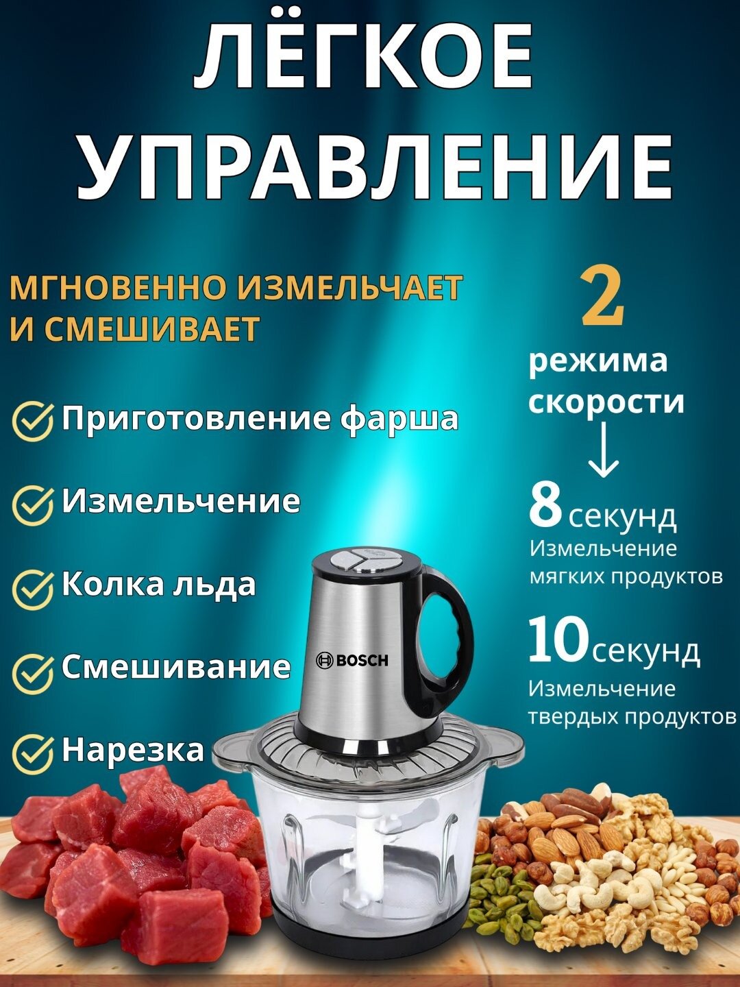 Измельчитель BOSCH, 900 Вт, 3.5 л, двухскоростной, с чашей из закаленного стекла — фото 1