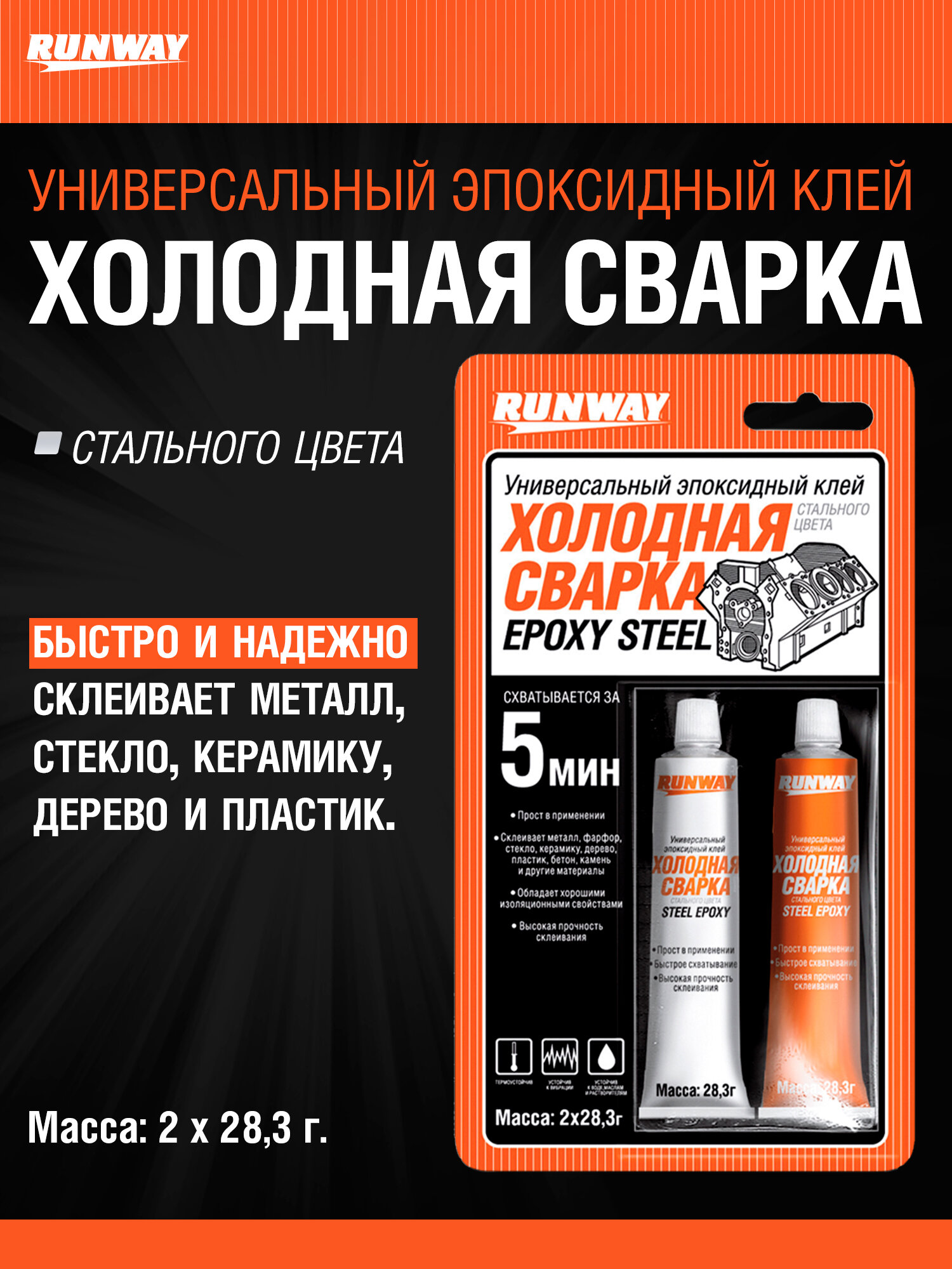 Универсальный эпоксидный клей «холодная сварка» стального цвета / двухкомпонентный клей для стекла пластика дерева