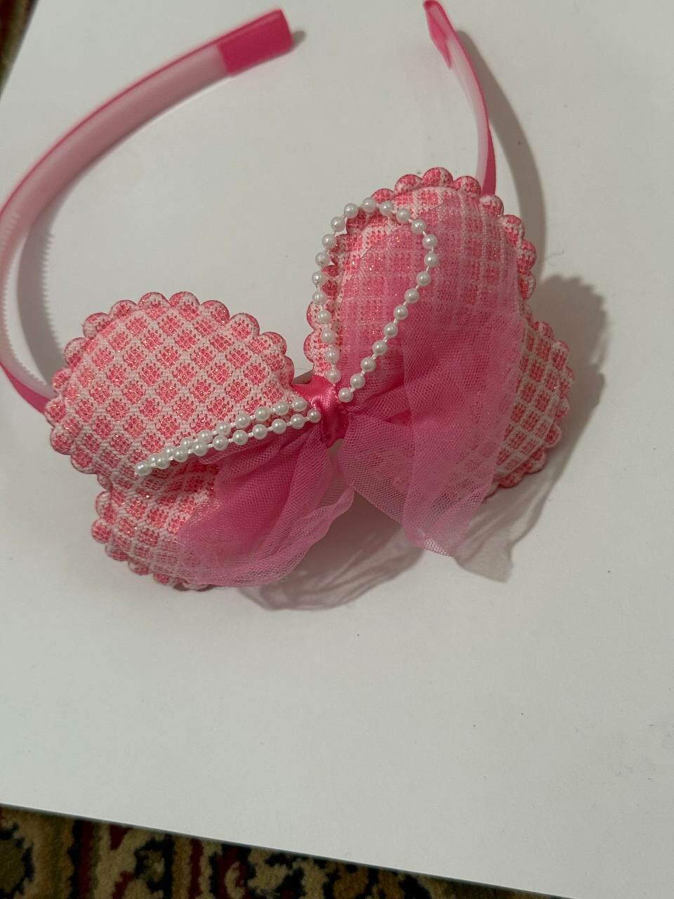 Ободок, для девочек, пластик, с бантом и стразами, 1 шт, розовый 02 — фото 1