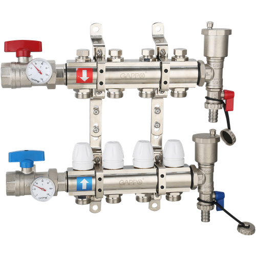 Коллектор регулируемый с запорными клапанами, из латуни, 8-вых. x 1 x 3/4 Gappo (G425.8) коллектор регулируемый с запорными клапанами из латуни 4 вых x 1 x 3 4 gappo g427 4