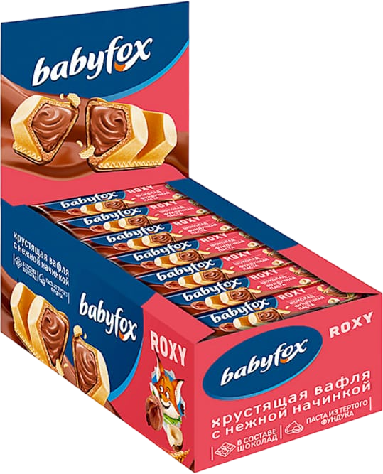 Вафельный батончик BabyFox ROXY в молочном шоколаде с шоколадно-ореховой начинкой на основе фундучной пасты с добавлением какао-24*18 гр. - фотография № 3