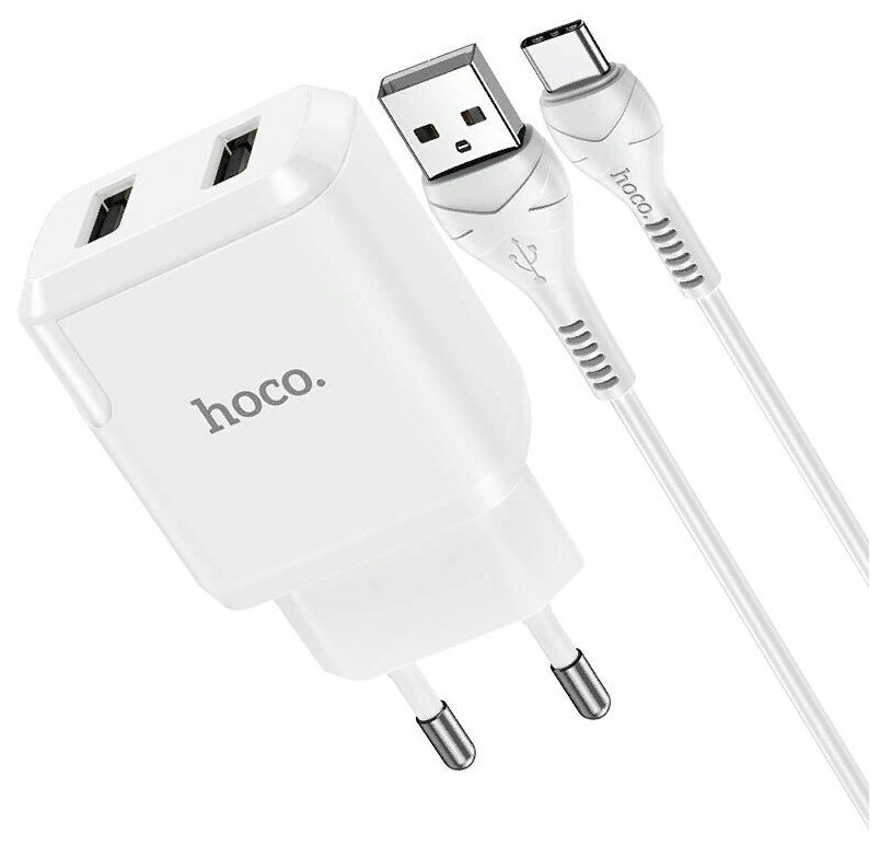 Адаптер питания Hoco N7 Speedy dual port charger с кабелем Type-C (2USB: 5V max 2.1A) Белый