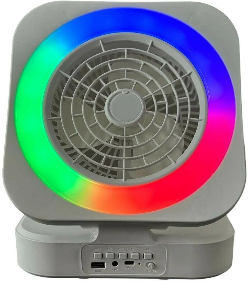 фото Беспроводная колонка с вентилятором, bluetooth колонка мини вентилятор, портативная колонка 4 в 1, подсветка, power bank, квадратная, белый