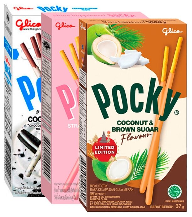 Бисквитные палочки Glico Pocky - набор 3 вкуса (кокос и тростниковый сахар, клубника, печенье и крем) (Индонезия), 40 г (3 шт) - фотография № 1