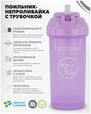 Детский поильник-непроливайка с трубочкой Twistshake Straw Cup, 360 мл, от 6 мес. Пастельный фиолетовый