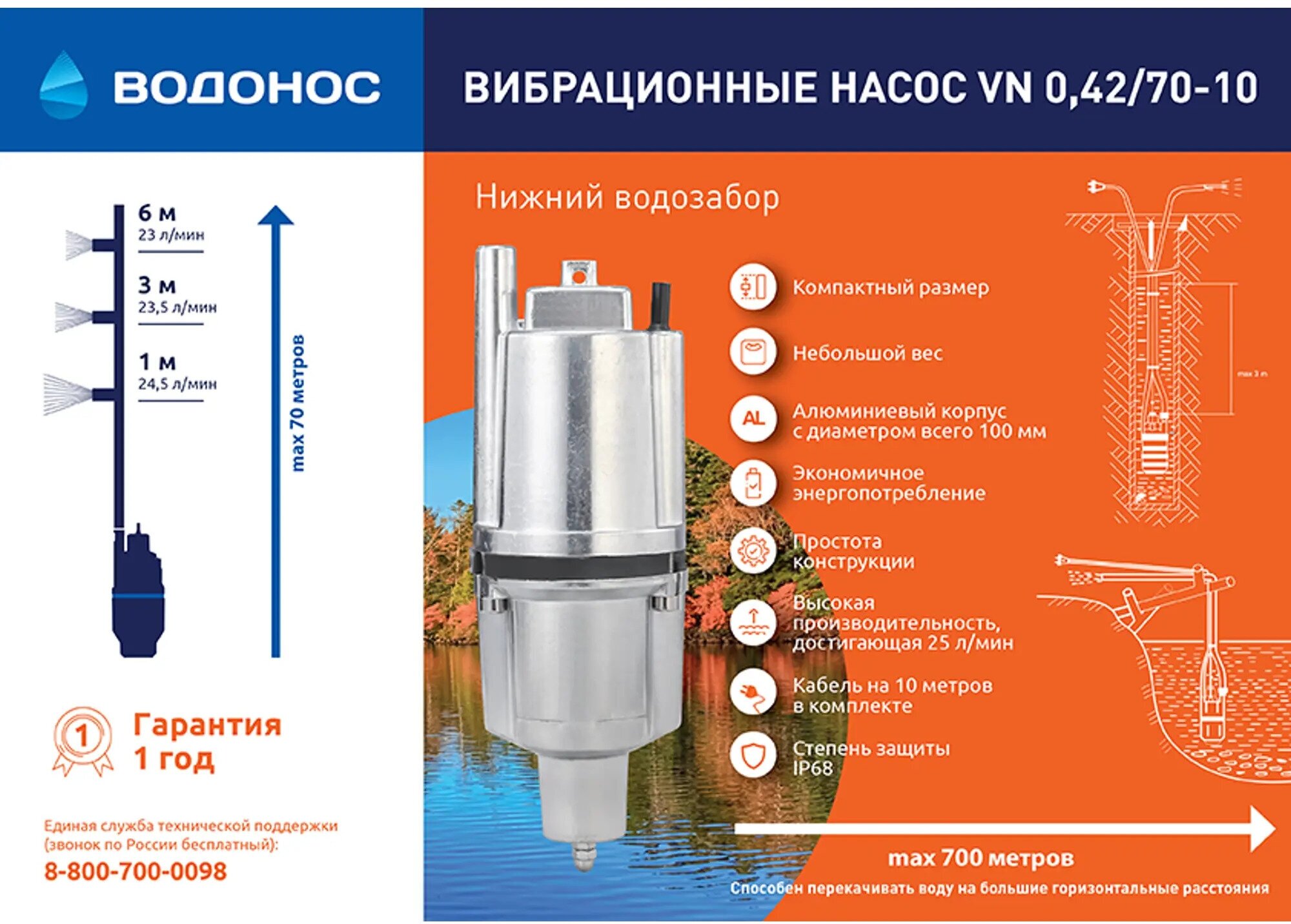 Насос садовый вибрационный 0.42/70-10 нижний забор воды, высота подъема 70 м, 1500 л/час "Водонос" - фотография № 2