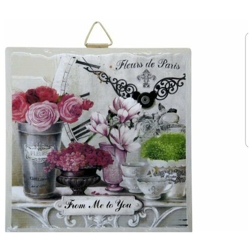 Подставка под горячую посуду/ керамика , пробка/, 18*18 см., дизайн -Парижские цветы