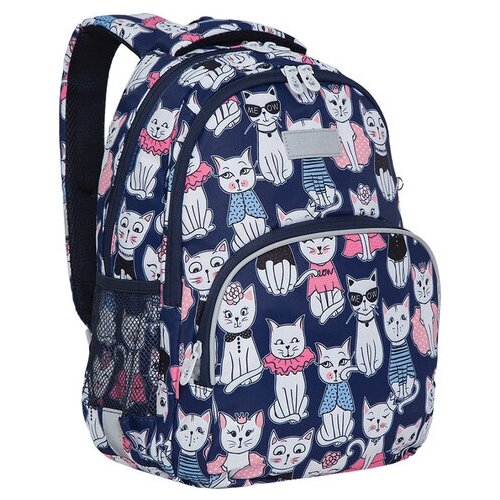 фото Рюкзак grizzly школьный, анатомическая спинка, карман для ноутбука, для девочек, "мяу", 40х27х20 см, rg-160-4/1