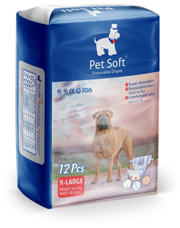 Подгузник для собак PET SOFT DIAPER , 3 цвета, размер XL (вес 18-32кг, талия 38-58см)12шт (124)