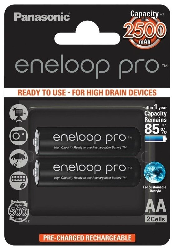 Аккумулятор Panasonic eneloop pro BK-3HCDE/2BE 2500mAh AA BL2, упаковка 2 шт.