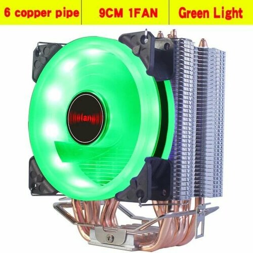 Вентилятор охлаждающий для процессора, кулер, гидродинамический подшипник 6 трубок 1 вентилятора 4 PIN AGL с подсветкой зеленый