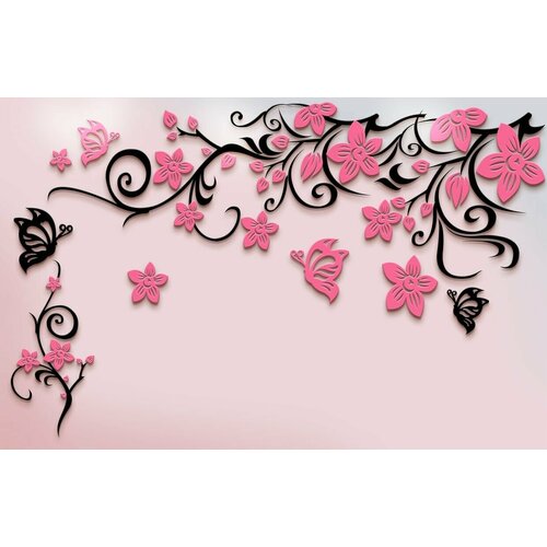 Моющиеся виниловые фотообои Цветущая розовая ветвь и черная бабочка, 420х270 см