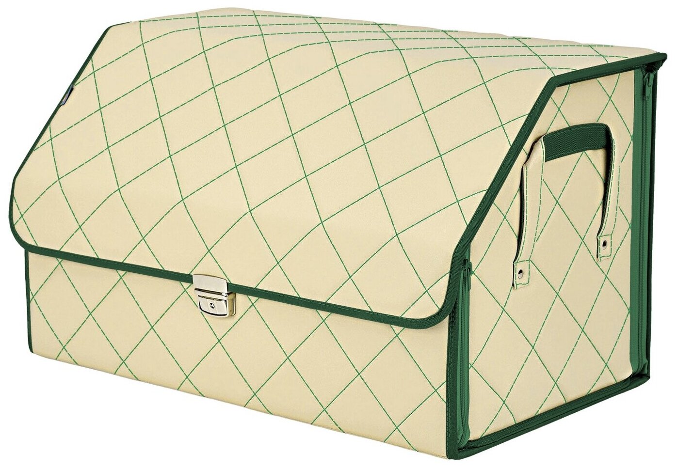 Органайзер-саквояж в багажник "Союз Премиум" (размер XL). Цвет: светло-бежевый с зеленой прострочкой Ромб.