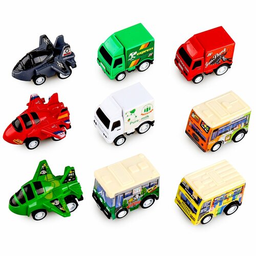 Набор игрушек Bebelot Пуллбэк Самолёты, автобусы и грузовики, 5 см, 9 шт. ВВА1602-129