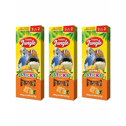 HAPPY JUNGLE Лакомство палочки для птиц мед и фрукты, 3х90 гр happy jungle лакомство для птиц мед и минералы 3 палочки 90 г