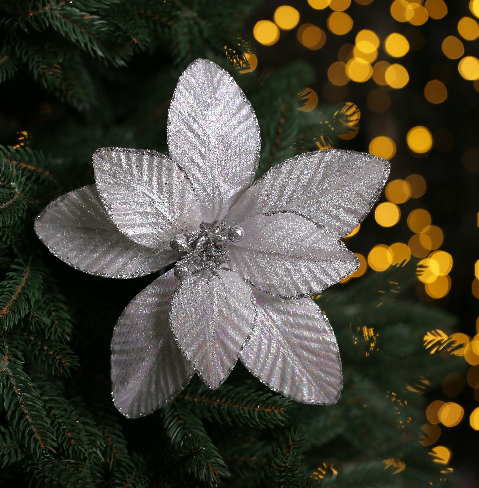 Цветок искусственный декоративный новогодний диаметр 25 см цвет серебро