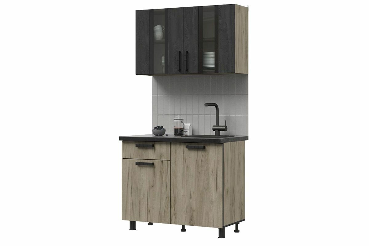 фото Кухня Эдинбург 1,0 м, дуб крафт серый/железный камень/ПФ черный