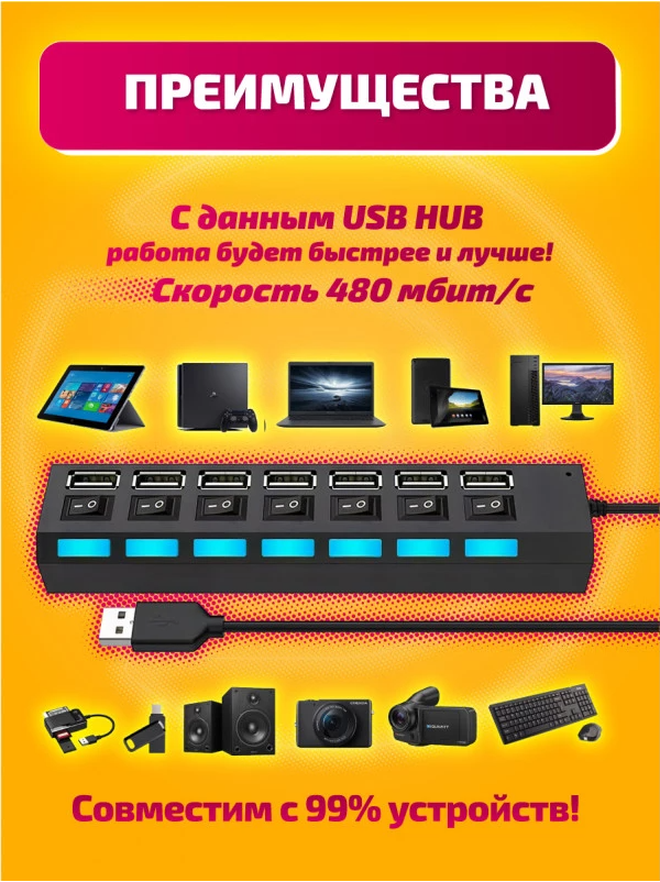 Активный разветвитель концентратор USB хаб (HUB) с кнопками вкл/выкл Dream UH1 7 портов USB 20 с блоком питания 2A в комплекте