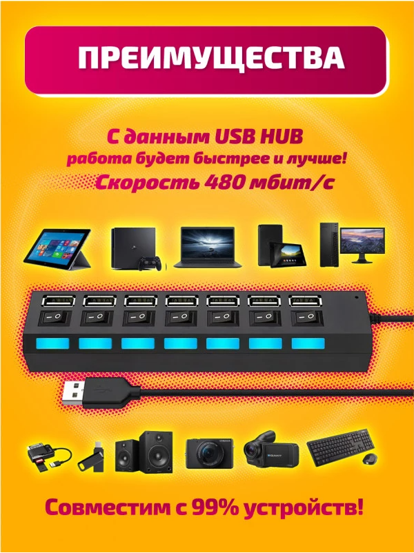 Активный разветвитель концентратор USB хаб (HUB) с кнопками вкл/выкл Dream UH1, 7 портов USB 2.0 с блоком питания 2A в комплекте — фото 3