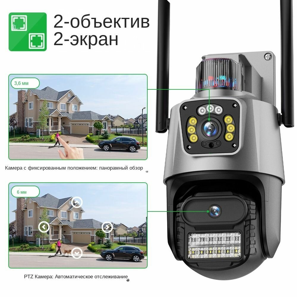 Двойная уличная камера видеонаблюдения , wifi, sd-слот, цветная встроенная сирена, ночное видение, датчик движения