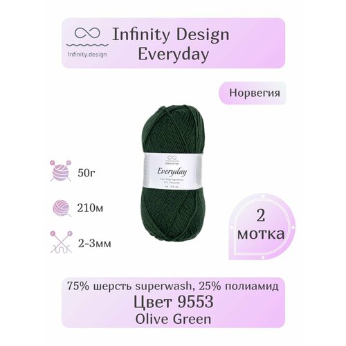 Пряжа Ifinity Design Everyday, 2шт, вес: 50г, длина: 210м. Состав: 75% шерсть superwash, 25% полиамид. Классическое кручение, Однотонная.