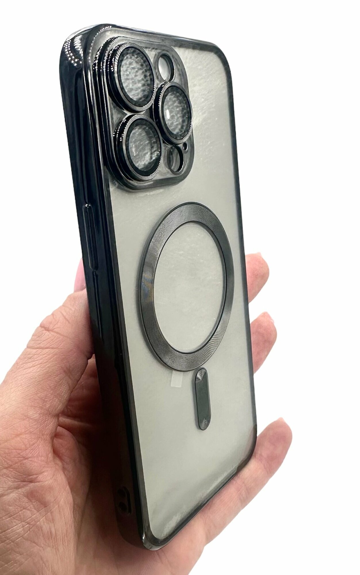 Защитный чехол 15 Pro Max с магсейф с защитными стеклами на камерах ударопрочный 15 Про Макс с черной рамкой прозрачный — фото 1