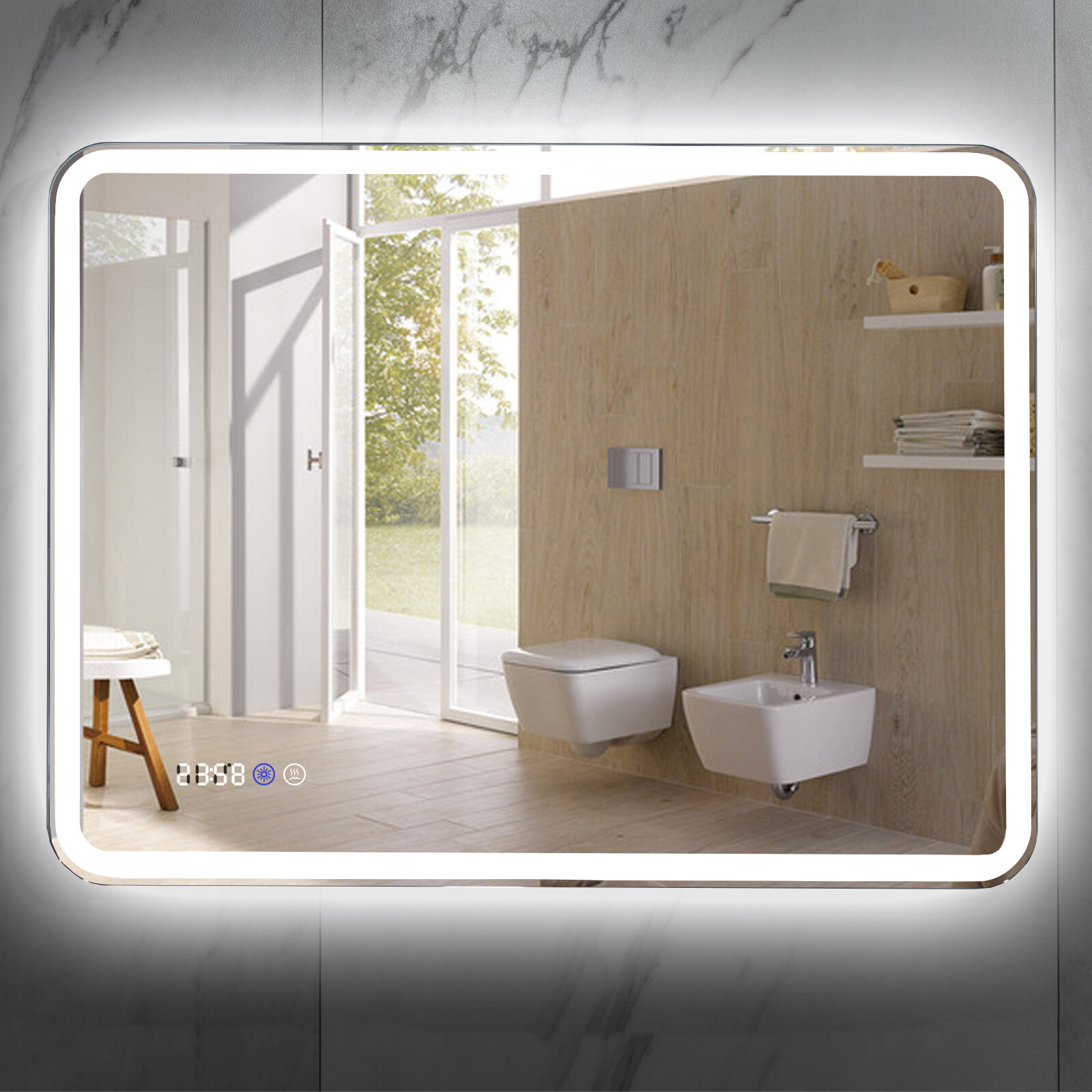 Зеркало для ванной с LED подсветкой сенсором диммером часами и подогревом Размер 100см х 80см. арт. AN-M-10080-t-w-s