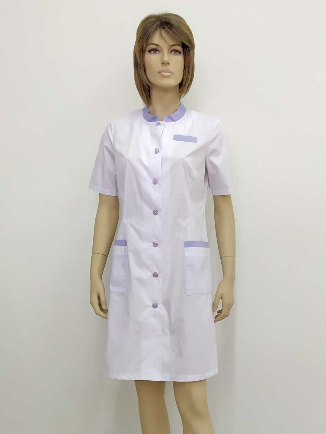 Халат женский, производитель Фабрика швейных изделий №3, модель М-572, рост 164, размер 44, ткань поликот, цвет белый с сиреневой отделкой