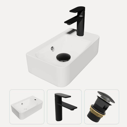 Изображение товара Раковина подвесная для ванной Teymi Hanna 45 правая в комплекте смеситель черный матовый и донный клапан клик-клак с переливом черный F07695