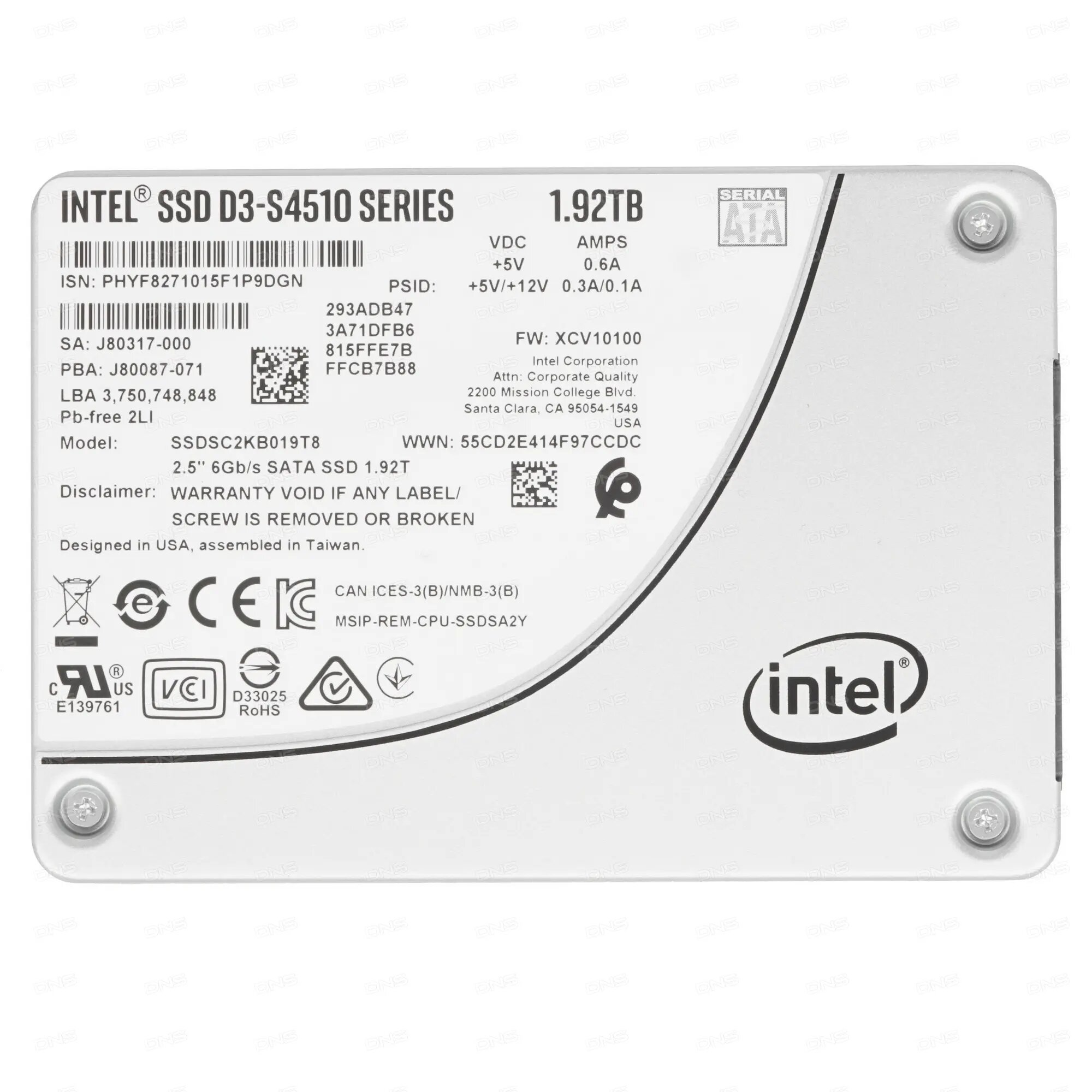 Твердотельный накопитель SSD Intel D3-S4510 1.92TB SATA (SSDSC2KB019T8)