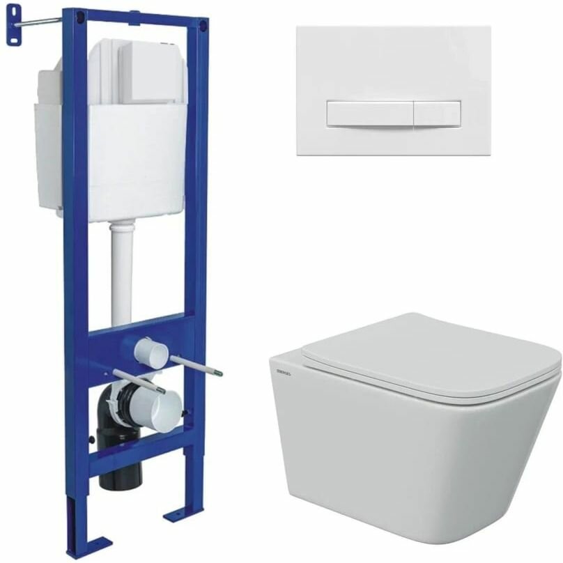 Комплект BERGES (Бергес): инсталляция Atom Line кнопка белая унитаз FLOE S Rimless 51 см сидение дюропласт Floe S Slim SO микролифт быстросъем 043346