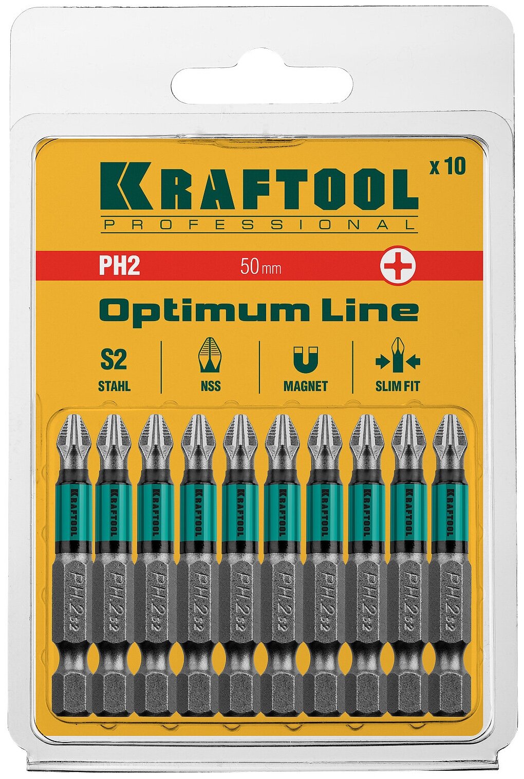Optimum Line Биты, PH2, 50 мм, тип хвостовика E 1/4", 10 шт в блистере, KRAFTOOL