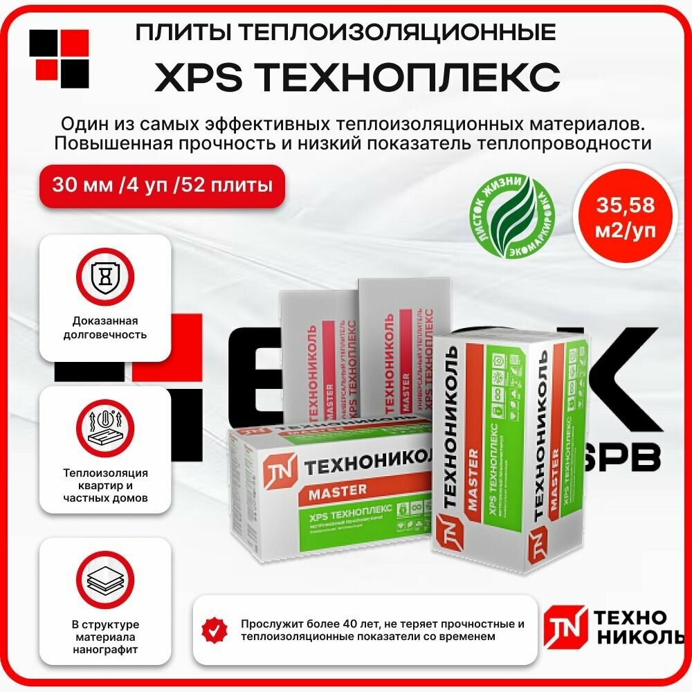 Технониколь XPS техноплекс 30 мм ( 4 уп / 35,58м2 / 52 плиты) Утеплитель из пенополистирола для фасада, стен, крыши, пола