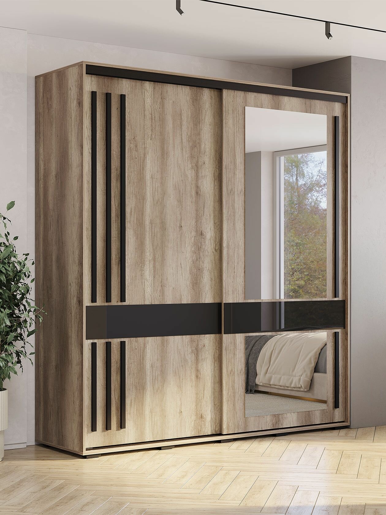 Шкаф-купе для одежды и хранения вещей Олаф 2 с зеркалом с полками с ящиками со штангой для одежды 196.2х59.1х217.6 см Дуб Каньон / Черный / Зеркало
