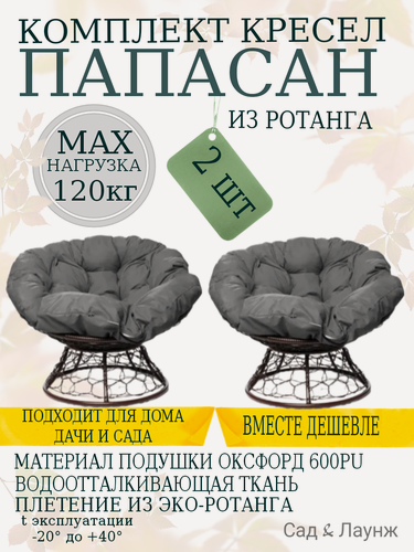 Изображение товара Комплект из 2 садовых кресел Папасан с ротангом, коричневый каркас, серые подушки