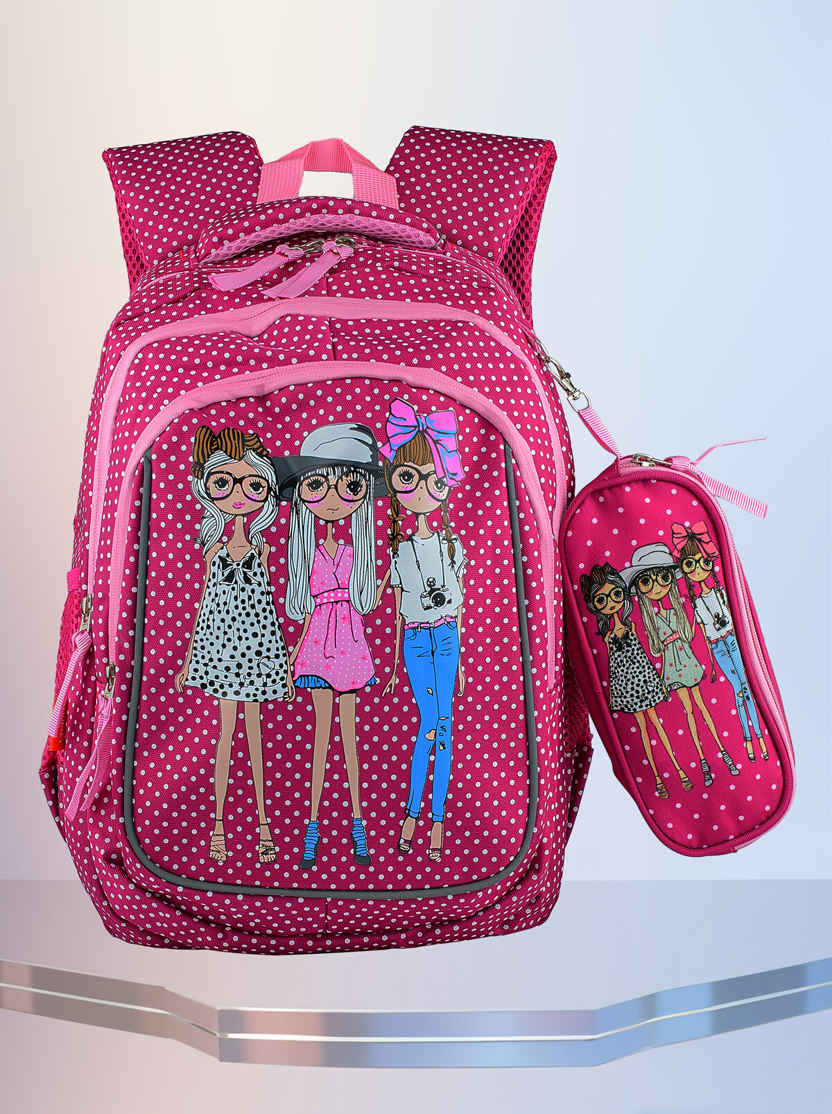 Рюкзак школьный для девочки с пеналом. Розовый