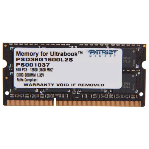 Оперативная память Patriot Memory SL 8 ГБ DDR3L 1600 МГц SODIMM CL11 PSD38G1600L2S модуль памяти patriot memory viper 3 black ddr3 dimm 1600mhz pc3 12800 cl9 16gb kit 2x8gb pv316g160c9k