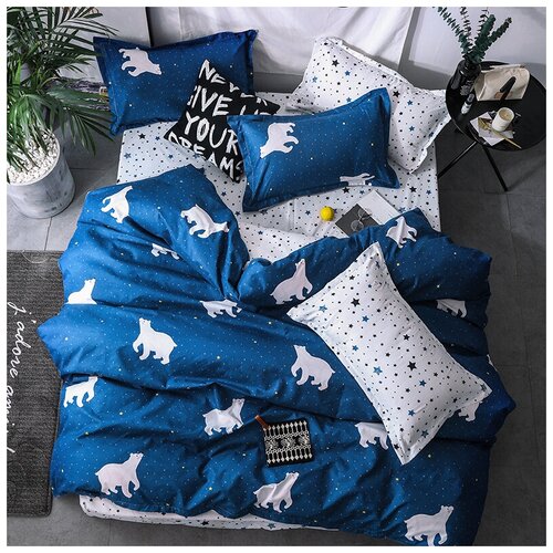 фото Комплект постельного белья grazia textile bears, 2- х спальный, смесовая ткань, 2 наволочки 70х70, синий, белый, медведи, звёзды