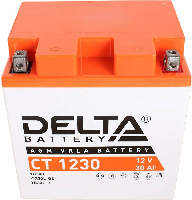 Аккумулятор для мотоцикла и скутера Delta CT1230 12V 30 А/ч 300 А обр. пол. залит/заряжен YTX30L, YТX30L-BS, YB30L-B (168х126х175) AGM
