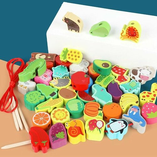 Шнуровка деревянная (животные, фрукты, овощи) в мешочке, 42 детали / тренировка мелкой моторики/развивающие игрушки для малышей