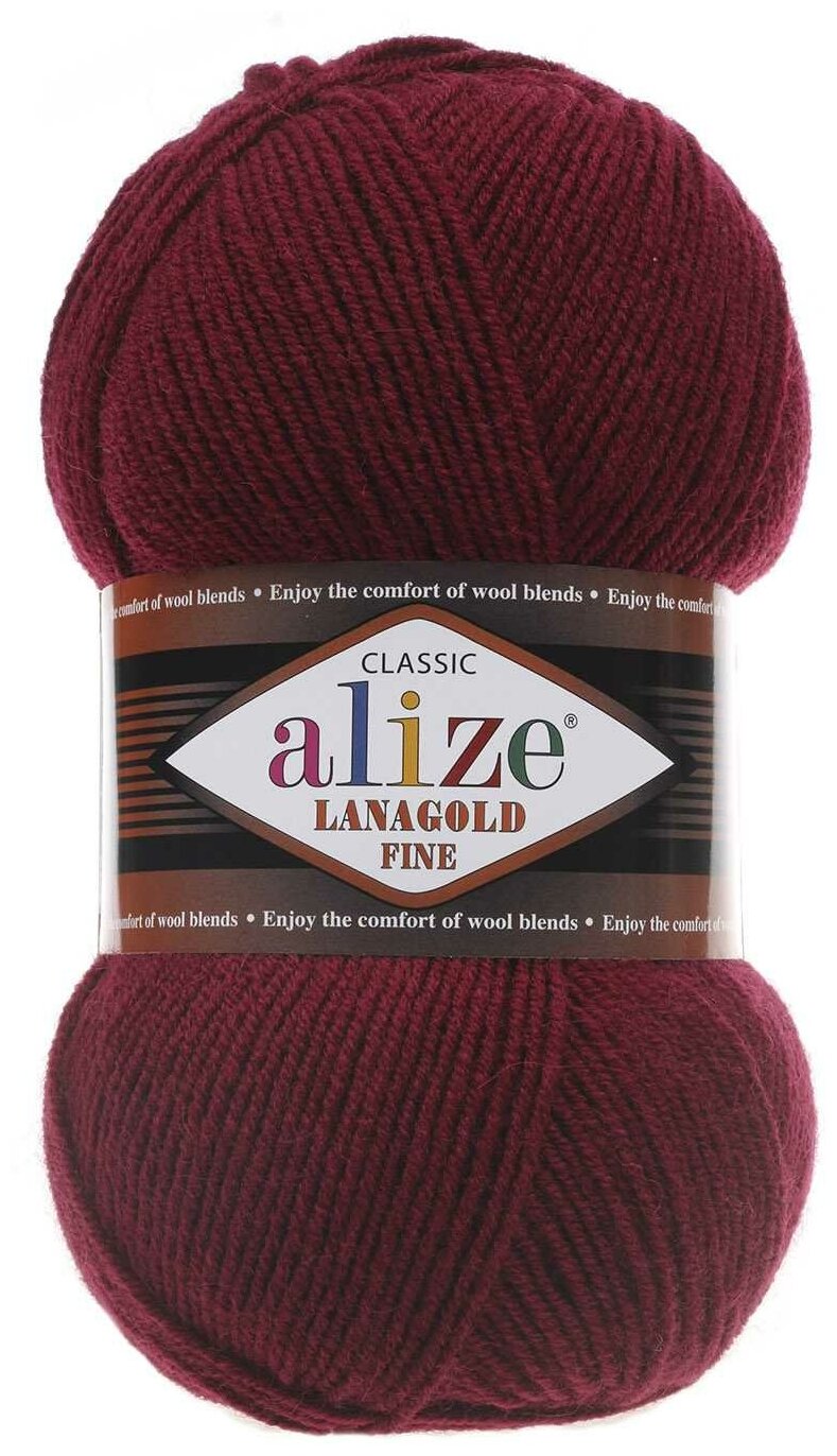 Пряжа Alize Lanagold Fine бордовый (57), 51%акрил/49%шерсть, 390м, 100г, 5шт