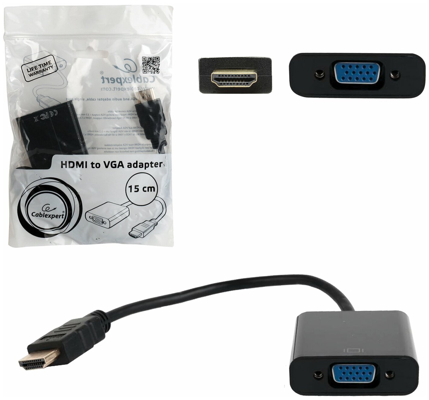 Кабель-переходник HDMI-VGA, 15 см, CABLEXPERT, M-F, для передачи аналогового видео, A-HDMI-VGA-04