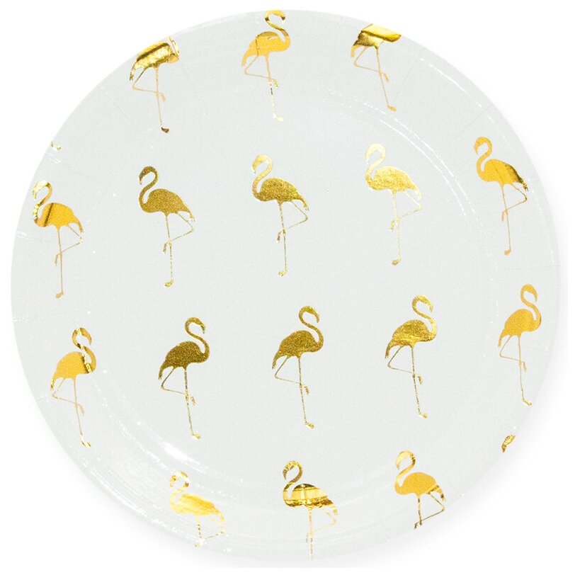 Тарелки одноразовые бумажные Riota Золотой фламинго, металлик, белый, 18 см, 6 шт. - фотография № 1