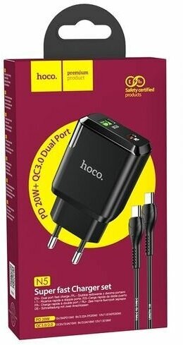 Сетевое ЗУ HOCO N5, PD20W+QC3.0, 1хUSB-А,1хType-C, 3А + кабель (Type-C на Type-C), 1 м, чёрн (12/120)