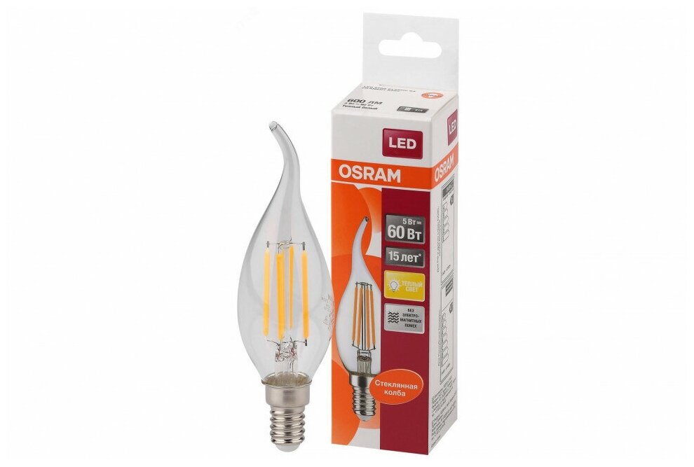 Лампа OSRAM LED Star E14 свеча на ветру BA (CW) 5Вт филаментная светодиодная 600 лм эквивал. 50Вт тёплый свет 2700К