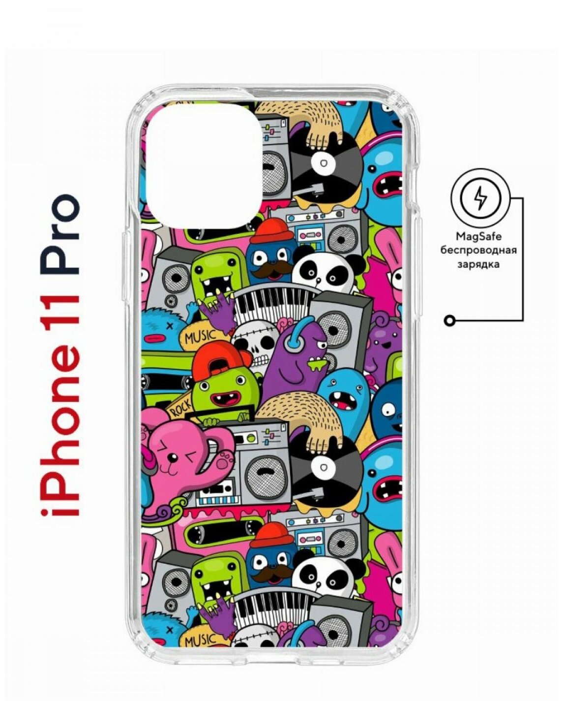 Чехол для iPhone 11 Pro Kruche Print MagSafe Monsters music,противоударный силиконовый бампер с рисунком,пластиковая накладка МагСейф с защитой камеры