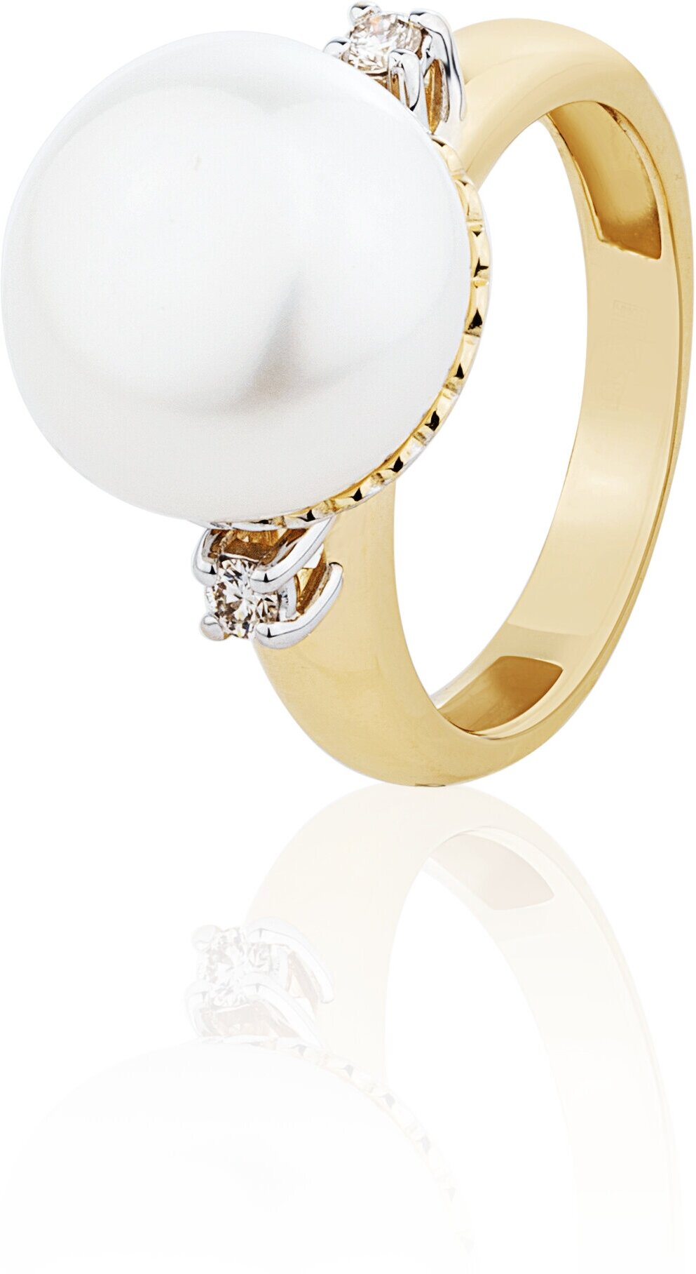 Кольцо обручальное Gatamova, белое, желтое, комбинированное золото, 585 проба, родирование, бриллиант, жемчуг пресноводный культивированный