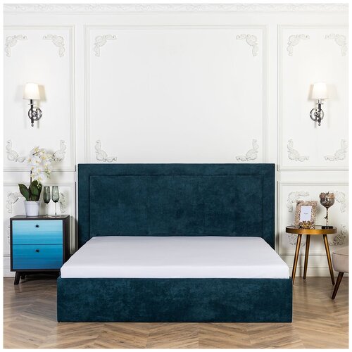 Кровать двуспальная с подъемным механизмом и ящиком для белья 160х200 сине-зелёная Марта